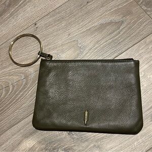 Thacker New York Olive Green Leather Clutch / Wristlet with Ring handle.